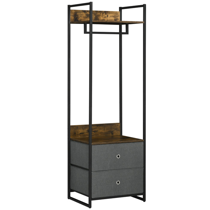 Metal Garment Stand with Storage - Rustic Brown & Grey Coat Rack with 2 Fabric Drawers - Space-Saving Wardrobe Solution for Bedroom and Hallway