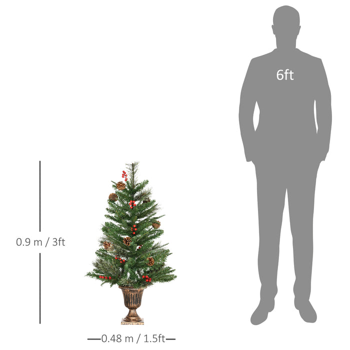 Artificial Christmas Tree Duo - 3ft Pre-Decorated Trees with 110 Lifelike Branches, Pine Cones, Berries in Gold Pot - Ideal for Doorways and Porch Holiday Decor