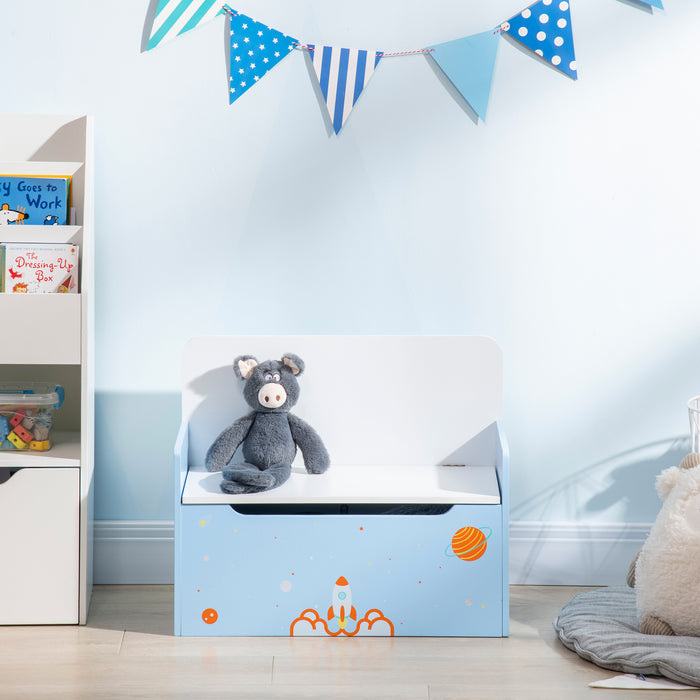 Wooden Toy Chest with Safety Hinge - 2-in-1 Kids Storage Bench and Toy Box Organizer, Rocket Design in Blue - Ideal for Children’s Room Organization