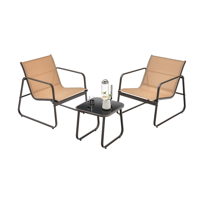 3-Piece Patio Set - Breathable Fabric Seating, Tempered Glass Tabletop in Brown - Perfect for Outdoor Conversations and Relaxation