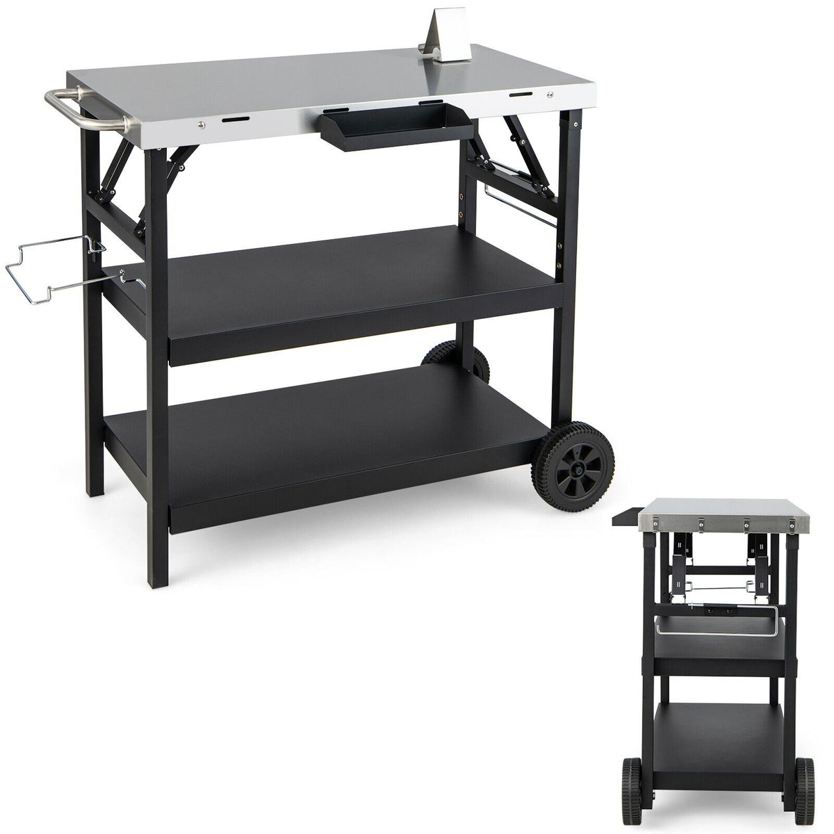 Stainless Steel 3-Tier Outdoor Cart - Foldable Design with 2 Wheels, Black Finish - Ideal for Outdoor Entertainment and Storage Aid