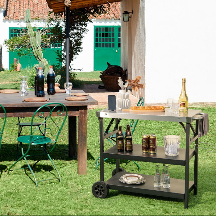 Stainless Steel 3-Tier Outdoor Cart - Foldable Design with 2 Wheels, Black Finish - Ideal for Outdoor Entertainment and Storage Aid