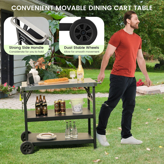 Stainless Steel 3-Tier Outdoor Cart - Foldable Design with 2 Wheels, Black Finish - Ideal for Outdoor Entertainment and Storage Aid