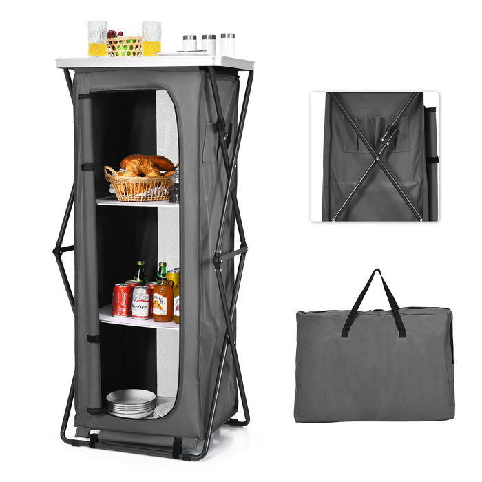 XL 3-Tier Folding Camping Storage Cabinet - With Side Pockets and Carry Bag - Ideal for Organized Camping Adventures