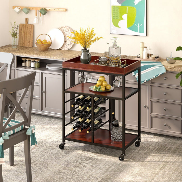 Kitchen Island Storage Cart, 3-Tier Design - With Wine Rack and Glass Holder Features - Ideal for Organizing Kitchen Space and Wine Enthusiasts