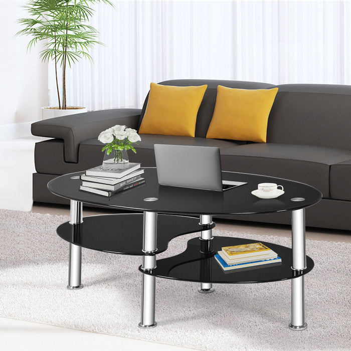 Tempered Glass Coffee Tables, 3-Tiers - Black Tables with Two Shelves - Perfect for Holding Drinks and Decor in Your Living Room