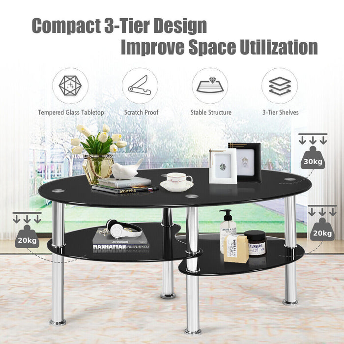 Tempered Glass Coffee Tables - 3-Tiers with 2 Shelves, Black Finish - Ideal for Living Room Space Maximization