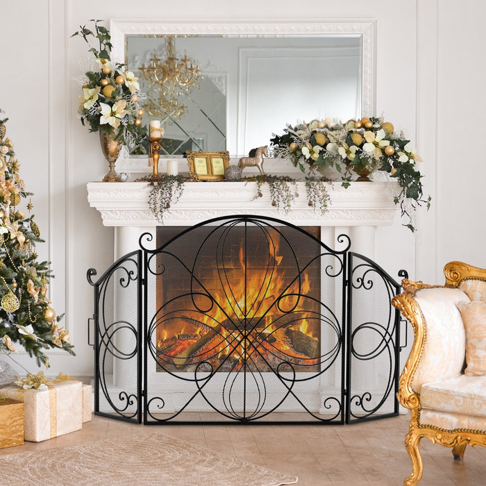 3-Panel Folding Spark Guard - Floral Pattern, Fireplace Safety Screen - Ideal for Living Room Comfort and Safety