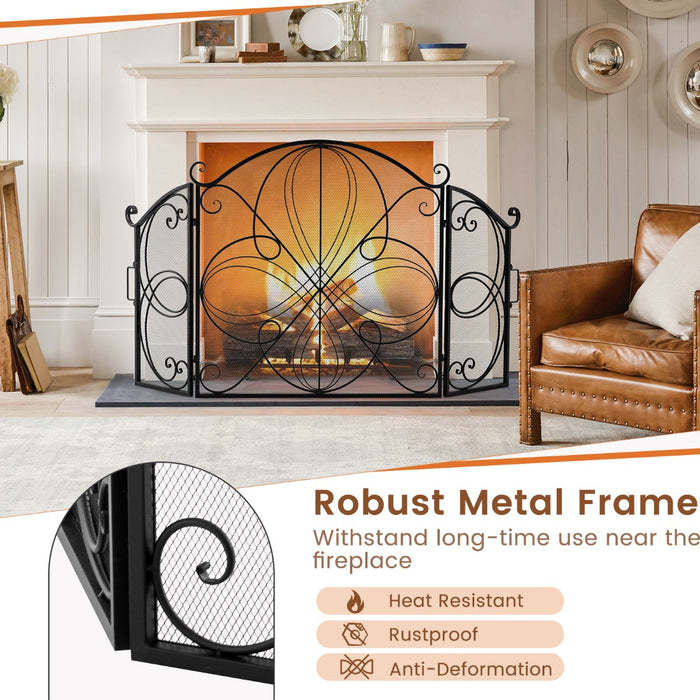 3-Panel Folding Spark Guard - Floral Pattern, Fireplace Safety Screen - Ideal for Living Room Comfort and Safety