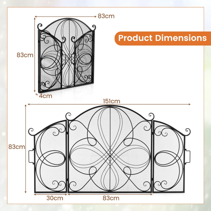 3-Panel Folding Spark Guard - Floral Pattern, Fireplace Safety Screen - Ideal for Living Room Comfort and Safety