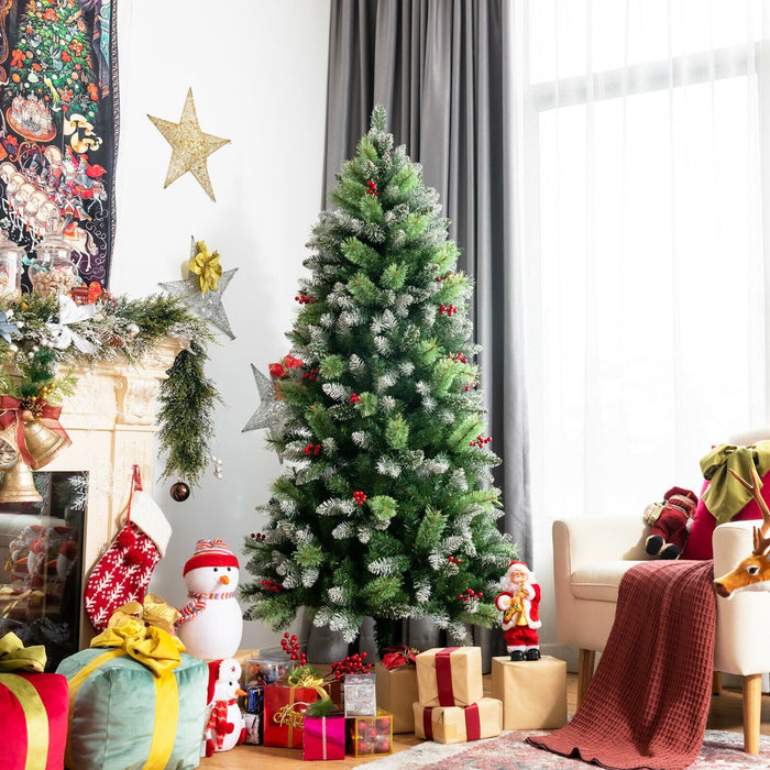 Artificial 6FT Christmas Tree - Decorated with Red Berries and Snow Effect - Perfect for a Festive Holiday Decor Solution