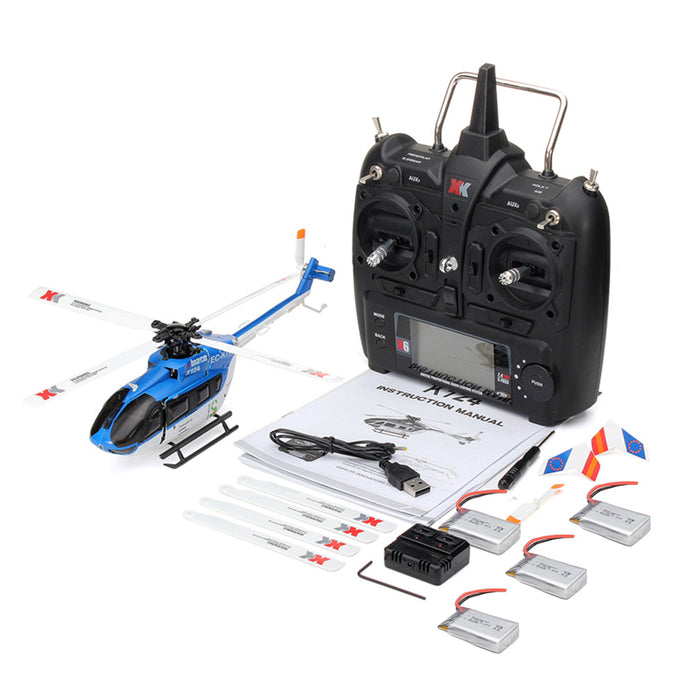 XK K124 EC145 Brushless Helicopter - 2.4G 6CH 3D6G System, 4PCS 3.7V 700mAh Lipo Battery, FUTABA S-FHSS Compatible - Perfect for RC Enthusiasts and Beginners