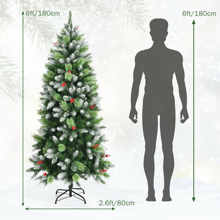 Artificial 6FT Christmas Tree - Decorated with Red Berries and Snow Effect - Perfect for a Festive Holiday Decor Solution