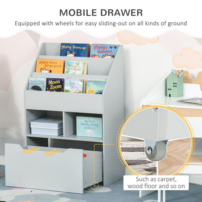 Children's Multipurpose Bookshelf with Drawer - Mobile Toy Storage Organizer and Bookcase for Kids - Ideal for Bedroom or Playroom in Stylish Grey