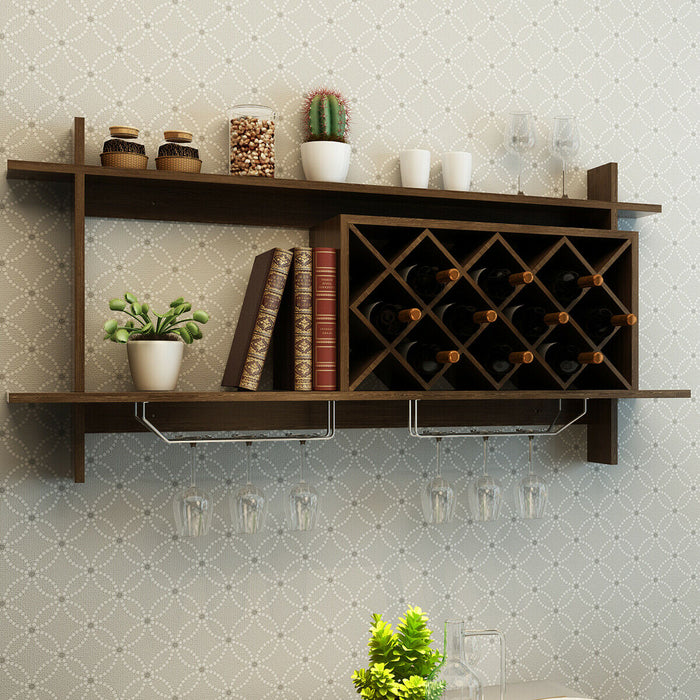 Walnut Wall-Mounted Wine Rack - Features Wine Glass Holder & Sturdy Design - Perfect for Home Bar, Wine Lovers or Space Saving Solution