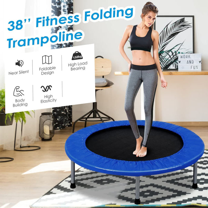 Blue Mini Trampoline - Foldable, Springs Equipped and Padded Cover - Perfect for Safe Indoor and Outdoor Exercise