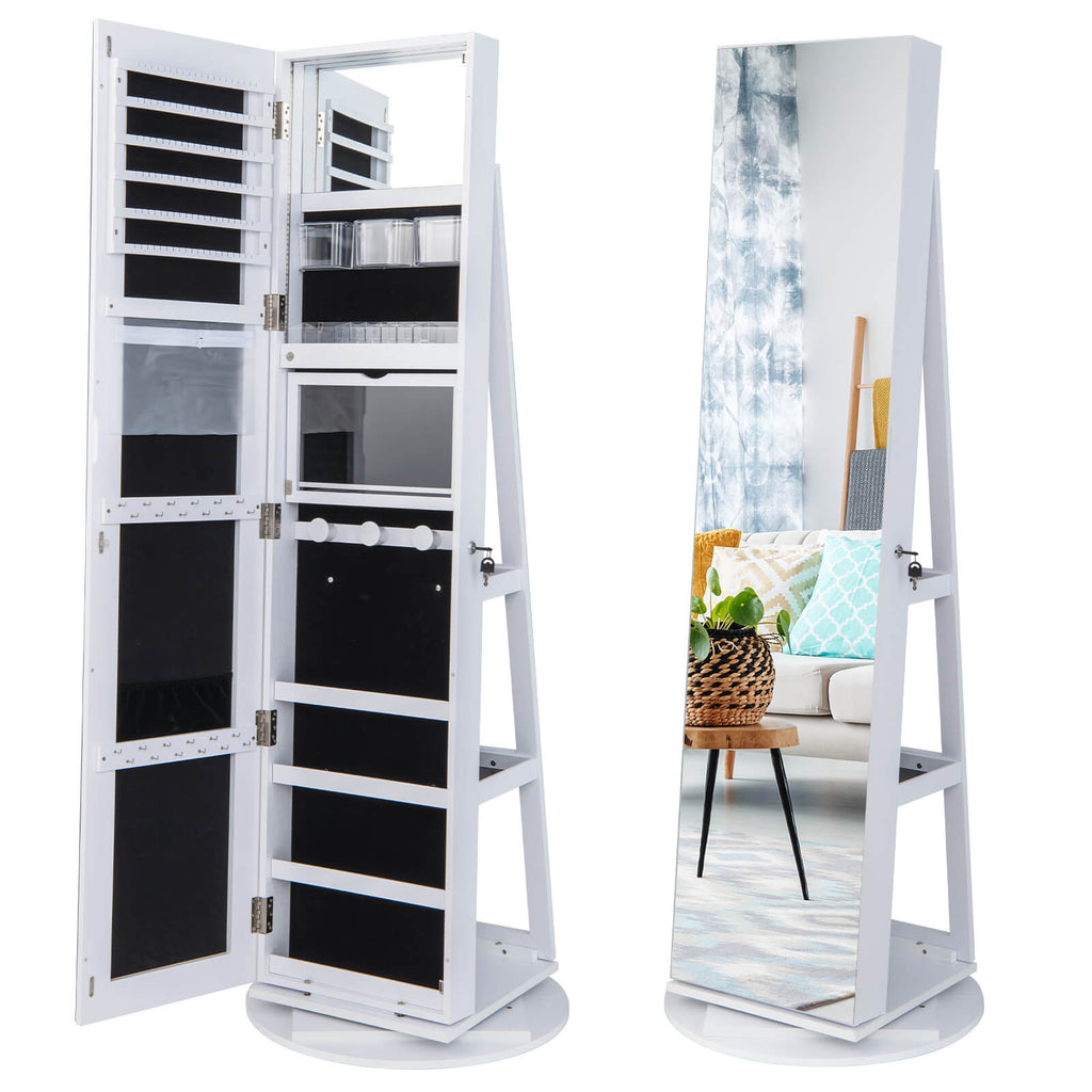 Mirrored Jewelry Armoire with 360-Degree Vision - Features 3-Color Auto-on LED Lights, White Variant - Ideal for Organized Accessory Storage and Quick Dressing Decisions