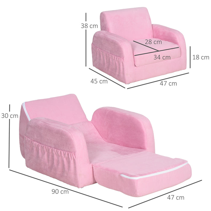 Kids 2-in-1 Armchair and Sofa Bed - Pink, Padded with Fold Out Design, Wood Frame - Perfect for Children's Bedroom or Playroom