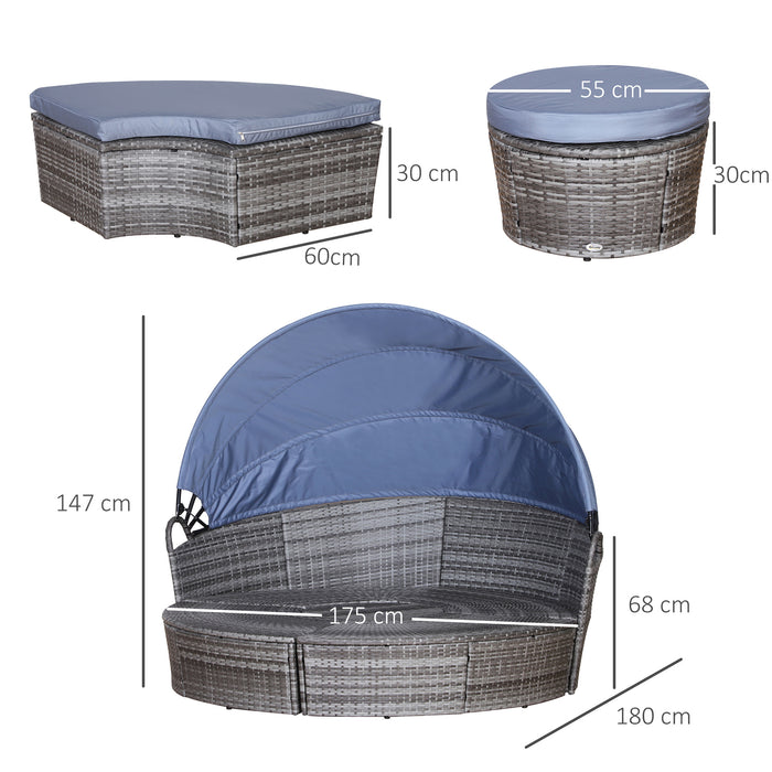 6-Seater Rattan Sofa Bed with Coffee Table - Cushioned Wicker Round Outdoor Lounging Set - Ideal Patio Conversation Furniture for Garden and Relaxation