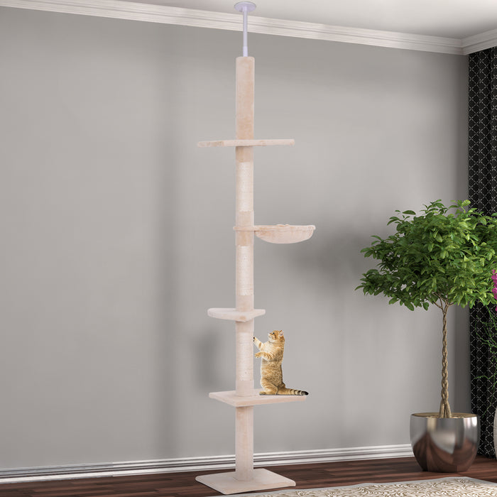 Adjustable 5-Tier Cat Climbing Tree - Floor-to-Ceiling Kitty Tower with Scratching Posts - Ideal for Feline Play & Exercise from 230-260cm Spaces