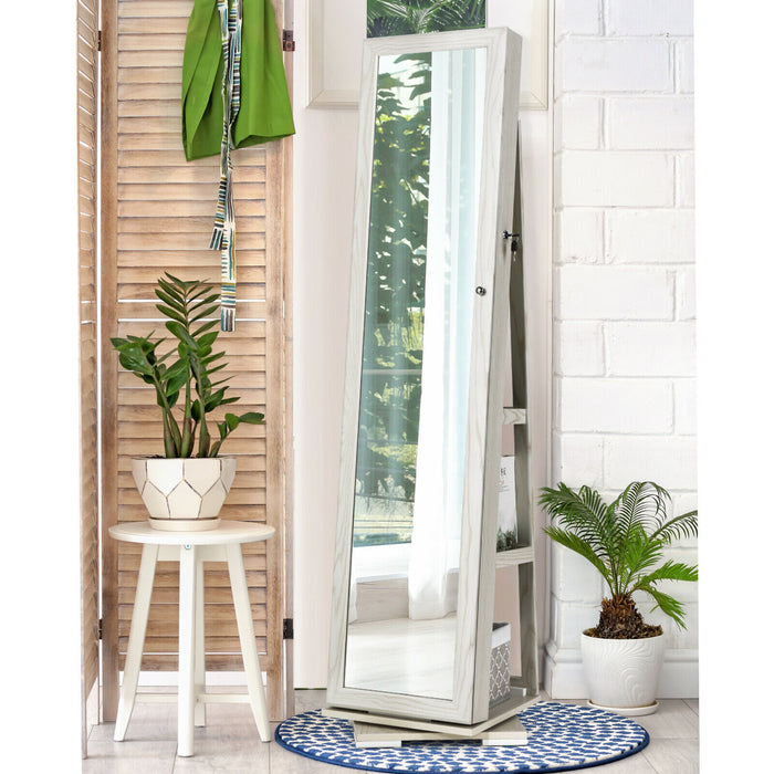 Mirrored Jewellery Cabinet - Full Length, 360° Rotating Design with Open Display Shelves in Rustic Brown - Ideal for Organizing and Storing Jewelry