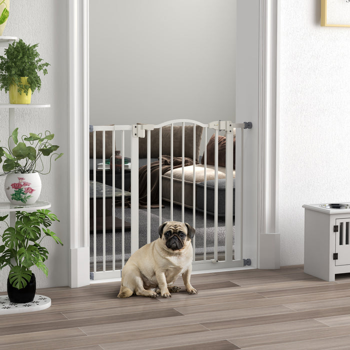 Adjustable Metal Pet Gate 74-100cm - Safety Barrier with Auto-Close Function in White - Ideal for Keeping Pets Secure and Safe in Home