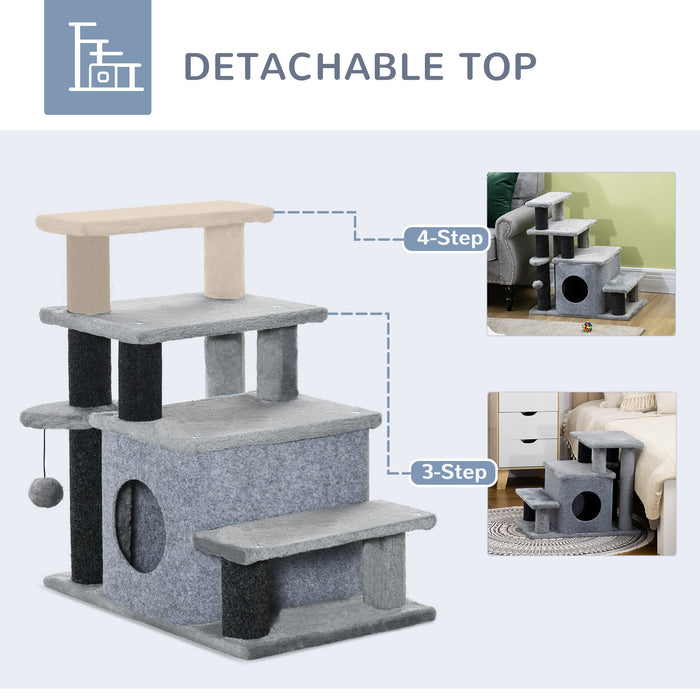 Adjustable 3-Step/4-Step Cat Stairs with Hanging Ball - Multifunctional Pet Steps for Bed and Sofa, Detachable Cover, 60x40x66 cm in Grey - Ideal for Cats and Small Pets for Easy Access and Comfort