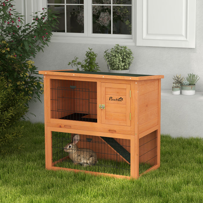 Two-Tier Antiseptic Wood Rabbit Hutch - Spacious 80cm Guinea Pig Habitat with Enclosed Run, Orange Finish - Ideal for Small Pet Safety and Comfort