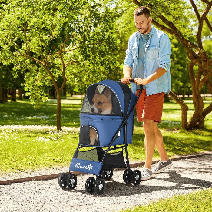 Foldable Pet Stroller with Spacious Carriage - Dog and Cat Travel System with Universal Wheels and Brake Canopy - Perfect for Pets, Includes Basket Storage Bag in Dark Blue