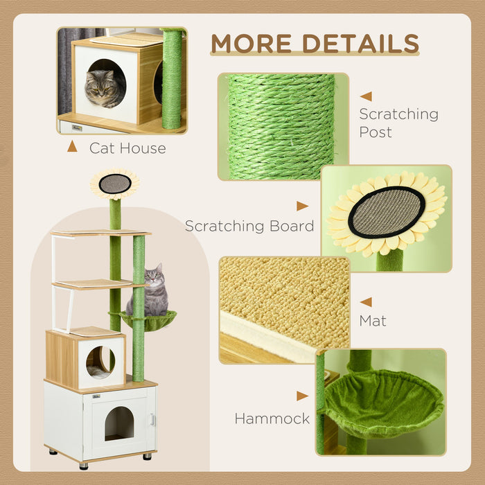 Cat Tree Litter Box Combo - Indoor Cat Enclosure with Scratching Post, Condo, Hammock & Cushioned Platforms - Ideal for Cat Relaxation and Play in Oak Finish