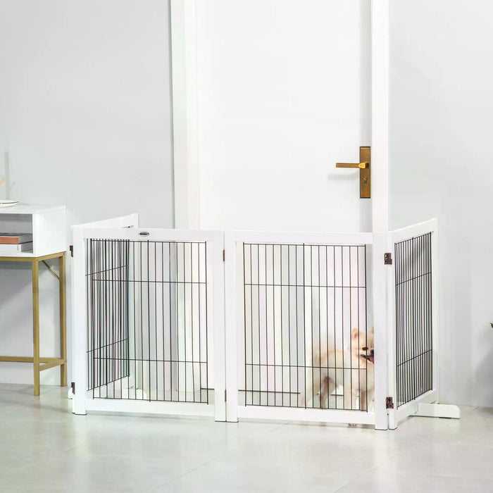 Foldable Wooden Dog Gate for Small & Medium Pets - 4 Panel Pet Fence with Support Feet - Safety Barrier for Home, Doorways & Stairs, White