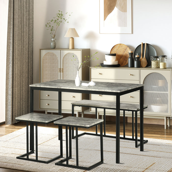Concrete-Effect Dining Ensemble for Four - Steel-Framed Kitchen Table & Bench Set with Grey Finish - Ideal for Family Meals and Small Space Dining