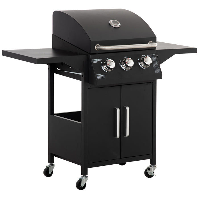 3 Burner Gas BBQ Grill - Portable Outdoor Barbecue with Warming Rack, Side Shelves, Storage Cabinet & Built-In Thermometer - Ideal for Patio Cooking & Entertaining