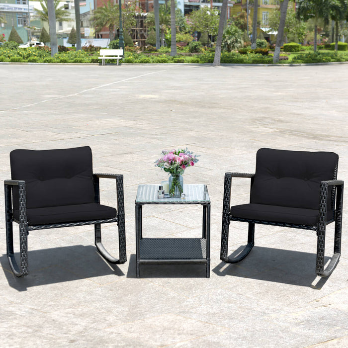 Outdoor Bistro Furniture Set - 3 Piece PE Rattan Rocking Set with Cushions - Ideal for Patio and Garden Relaxation