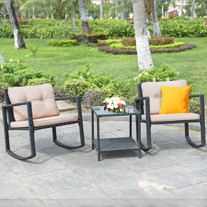Outdoor Bistro Furniture Set - 3 Piece PE Rattan Rocking Set with Cushions - Ideal for Patio and Garden Relaxation