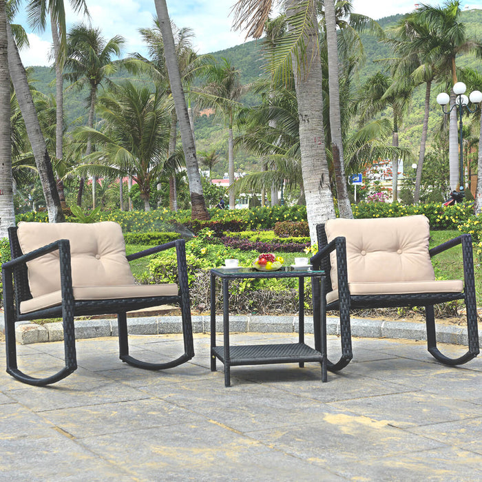 Outdoor Bistro Furniture Set - 3 Piece PE Rattan Rocking Set with Cushions - Ideal for Patio and Garden Relaxation