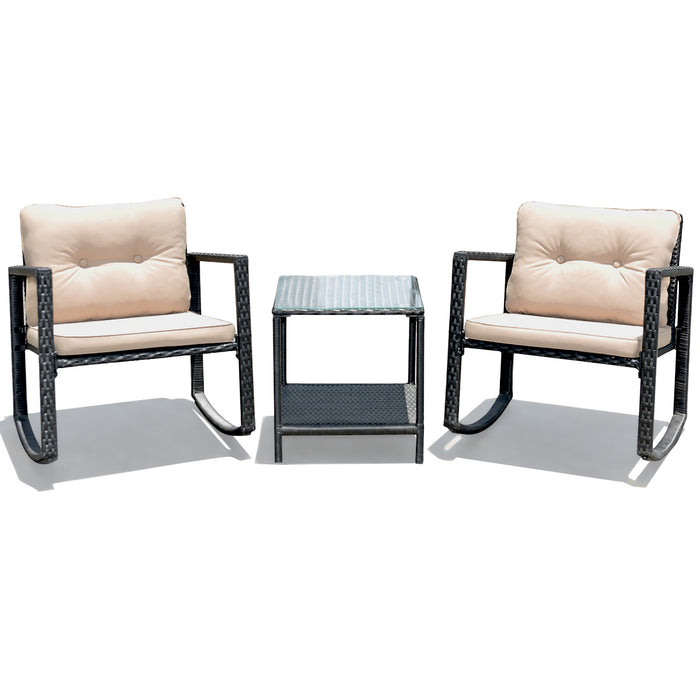 Outdoor Bistro Furniture Set - 3 Piece PE Rattan Rocking Set with Cushions - Ideal for Patio and Garden Relaxation