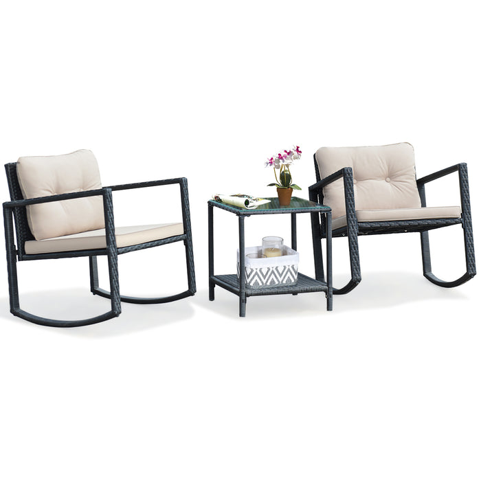 Outdoor Bistro Furniture Set - 3 Piece PE Rattan Rocking Set with Cushions - Ideal for Patio and Garden Relaxation