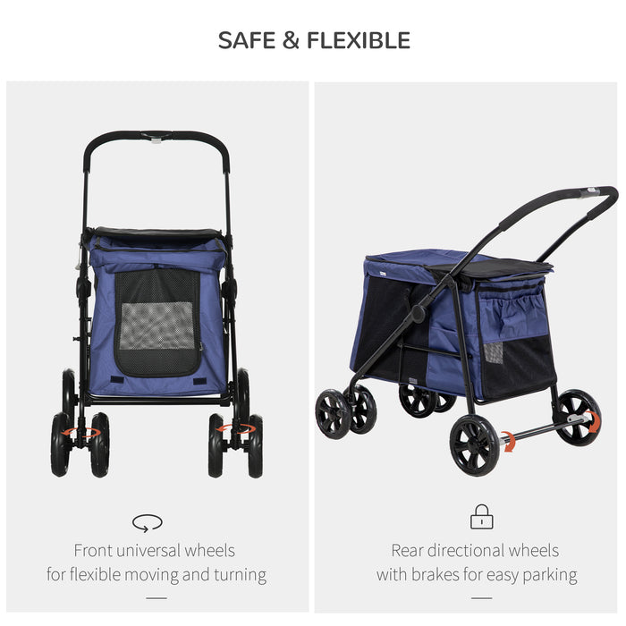 Foldable Dog Stroller with EVA Wheels and Storage - Mesh Windows, Safety Leash, and Cushion Design - Ideal for Small Pets' Comfortable Transport