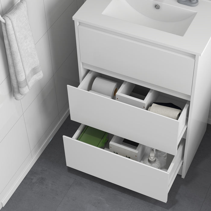 High Gloss White 600mm Vanity Unit with Basin - Sleek Floor Standing Bathroom Sink, Single Tap Hole - 2 Drawer Storage for Modern Home Restrooms