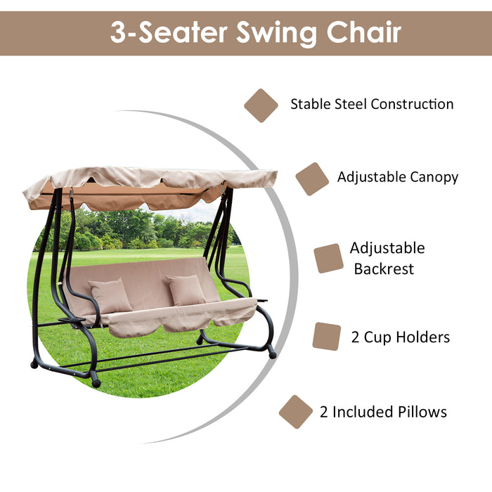 3-Seater Garden Swing Seat with 2-in-1 Hammock Bed Feature - Adjustable Canopy and Cushioned Patio Chair in Light Brown - Ideal for Outdoor Relaxation and Comfort