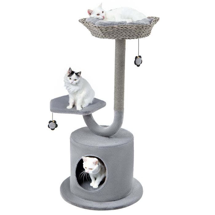3-Tier Cat Tree - Raper Rope Covered Scratching Post in Grey - Ideal Play Area for Cats Preventing Furniture Damage