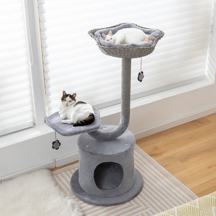 3-Tier Cat Tree - Raper Rope Covered Scratching Post in Grey - Ideal Play Area for Cats Preventing Furniture Damage