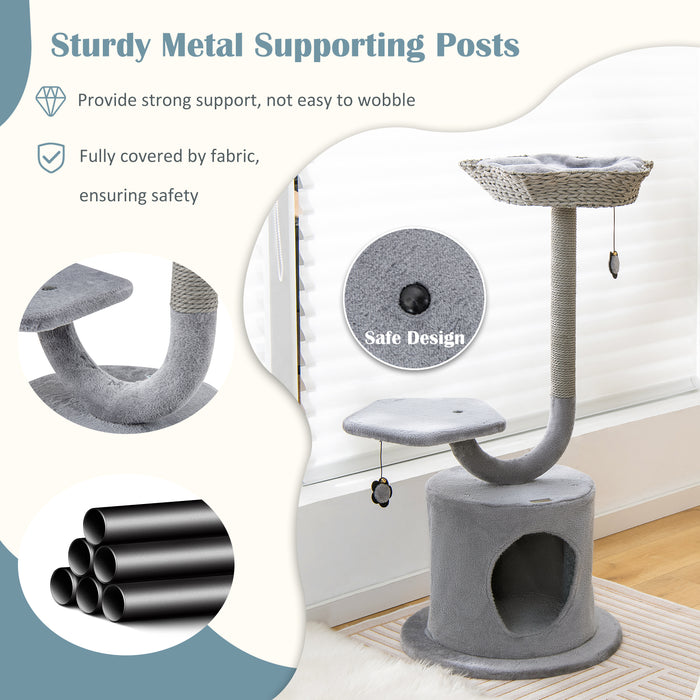 3-Tier Cat Tree - Raper Rope Covered Scratching Post in Grey - Ideal Play Area for Cats Preventing Furniture Damage