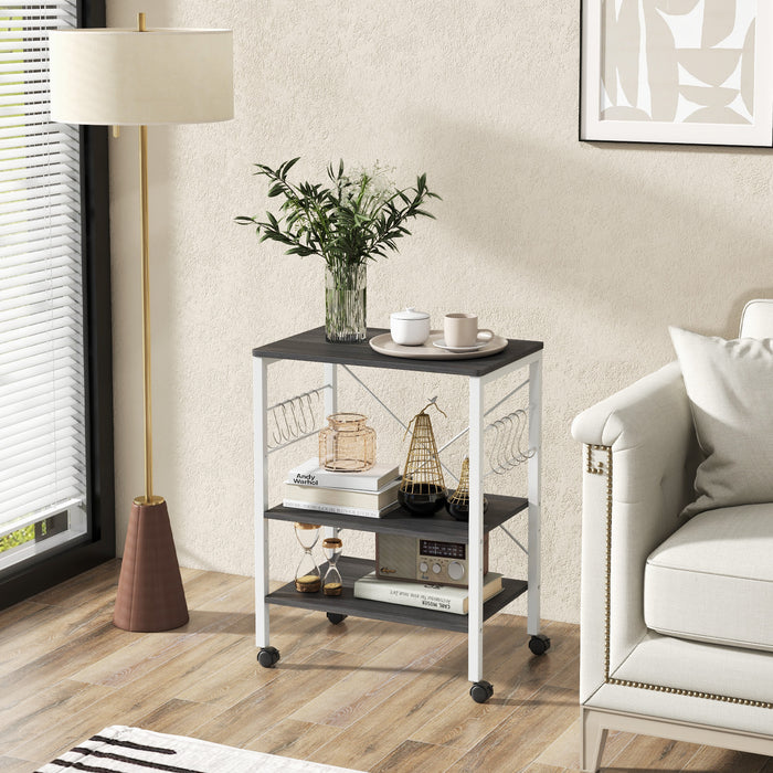 Utility Cart Storage Trolley, 3-Tier - Rustic Brown Design with 10 Removable Hooks - Ideal for Home Organization and Storage Solutions