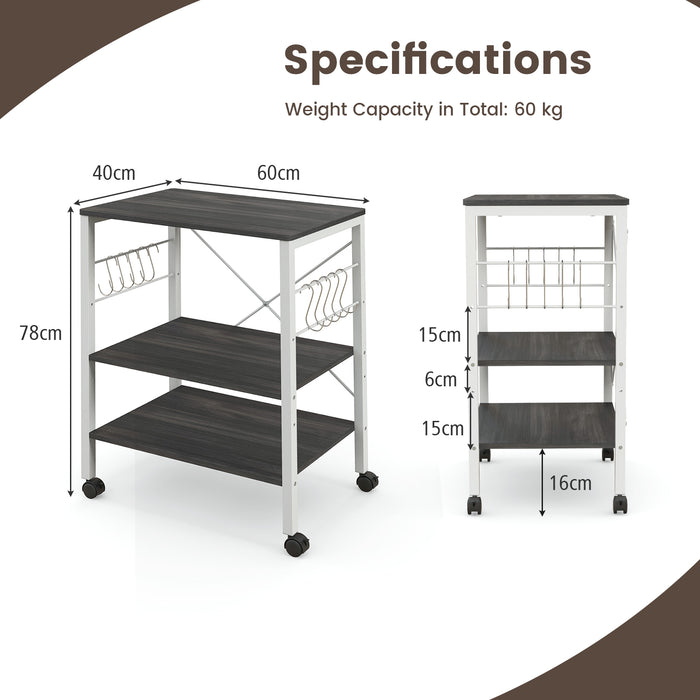 Utility Cart Storage Trolley, 3-Tier - Rustic Brown Design with 10 Removable Hooks - Ideal for Home Organization and Storage Solutions