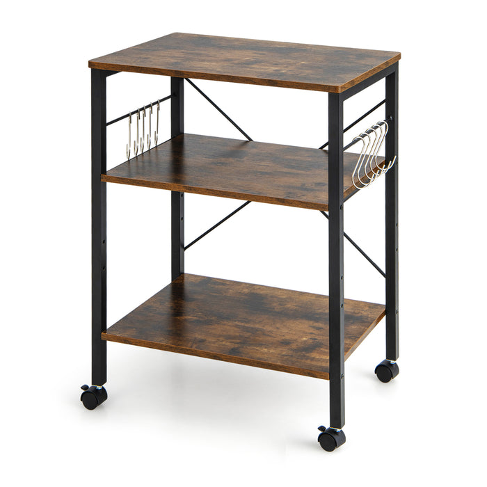 Utility Cart Storage Trolley, 3-Tier - Rustic Brown Design with 10 Removable Hooks - Ideal for Home Organization and Storage Solutions