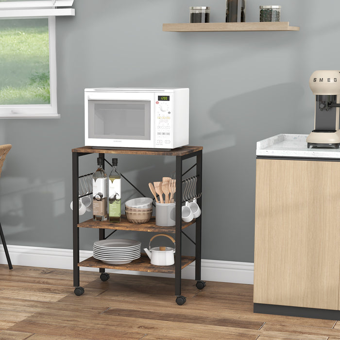 Utility Cart Storage Trolley, 3-Tier - Rustic Brown Design with 10 Removable Hooks - Ideal for Home Organization and Storage Solutions