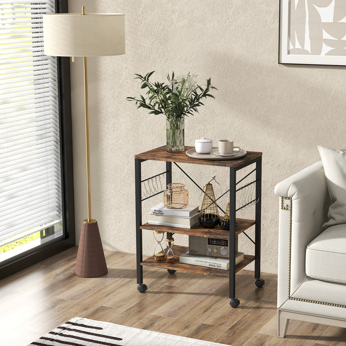 Utility Cart Storage Trolley, 3-Tier - Rustic Brown Design with 10 Removable Hooks - Ideal for Home Organization and Storage Solutions