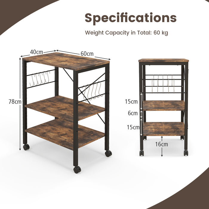 Utility Cart Storage Trolley, 3-Tier - Rustic Brown Design with 10 Removable Hooks - Ideal for Home Organization and Storage Solutions